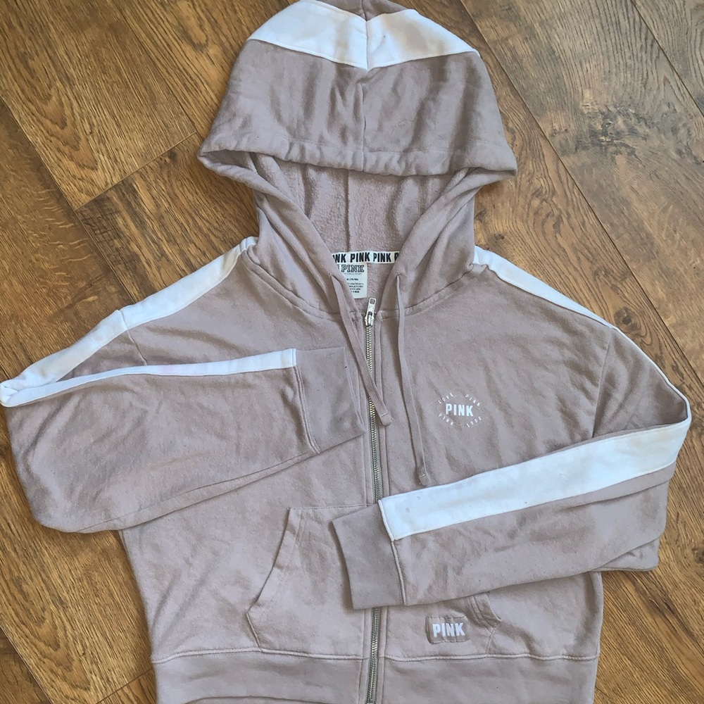 VS PINK cropped full zip tan hoodie w/ pockets